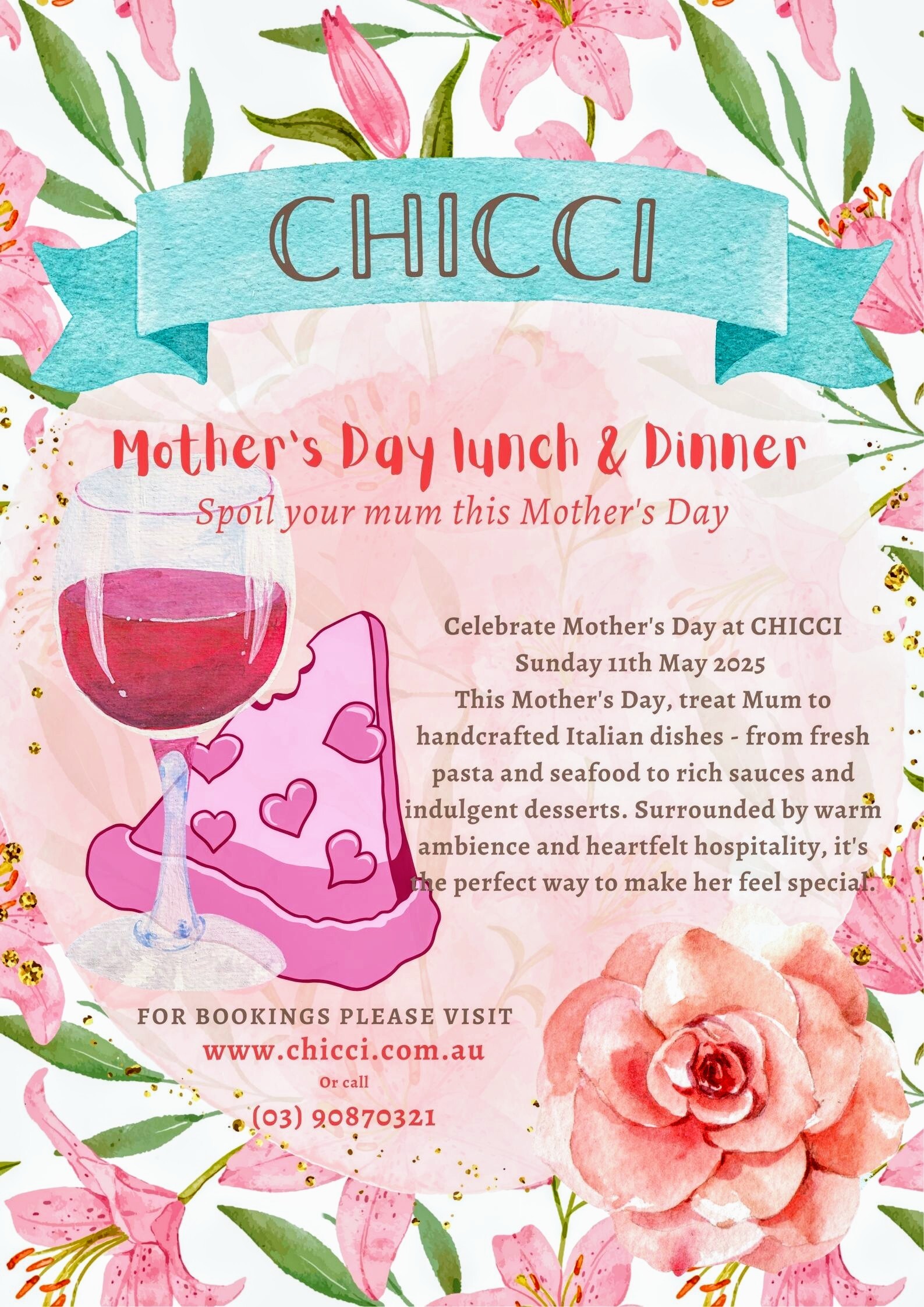 Monthers day lunch and dinner, celebrate mothers day at chicci sunday 11th of May 2025