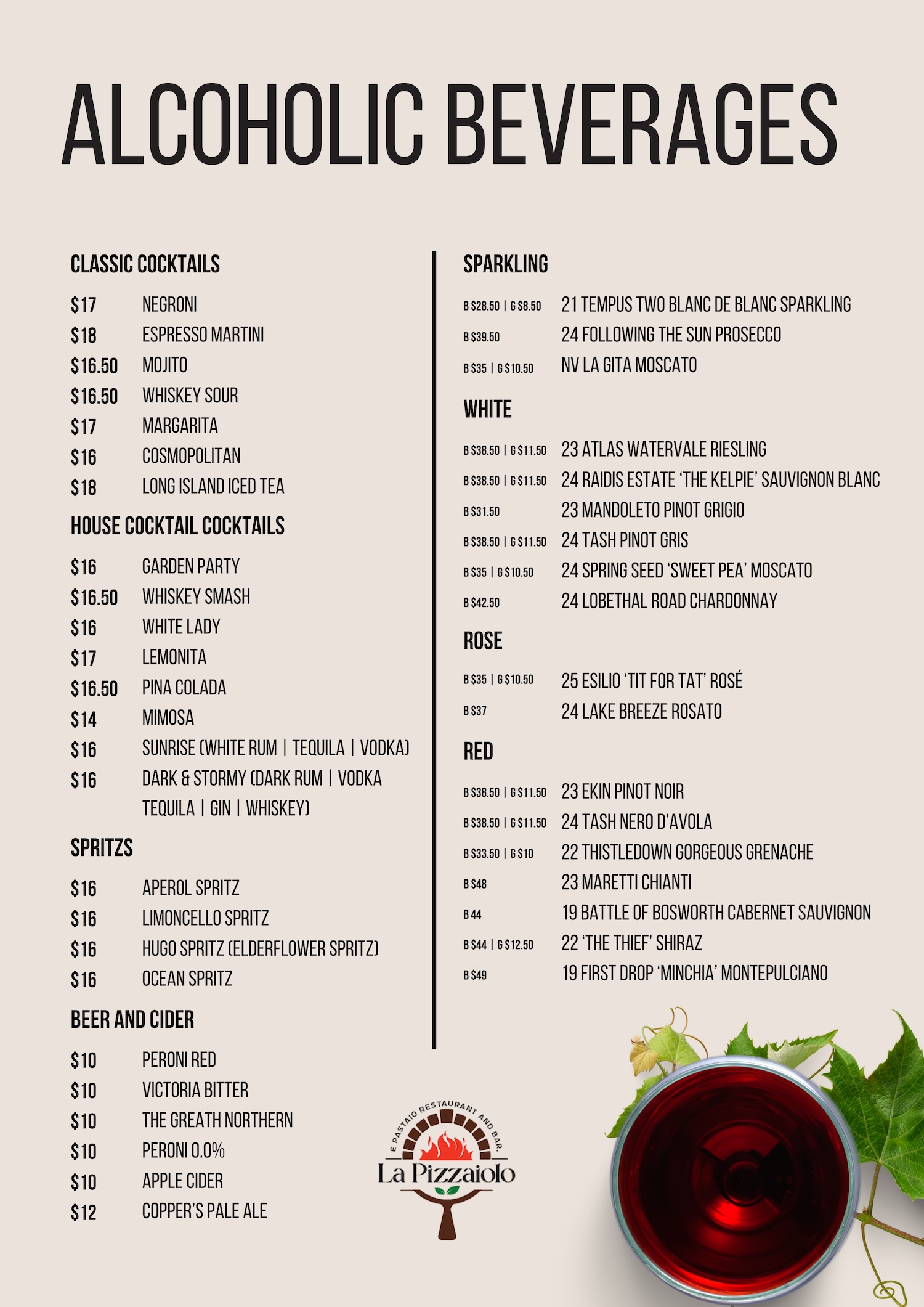 la pizzaiolo alcoholic beverages menu